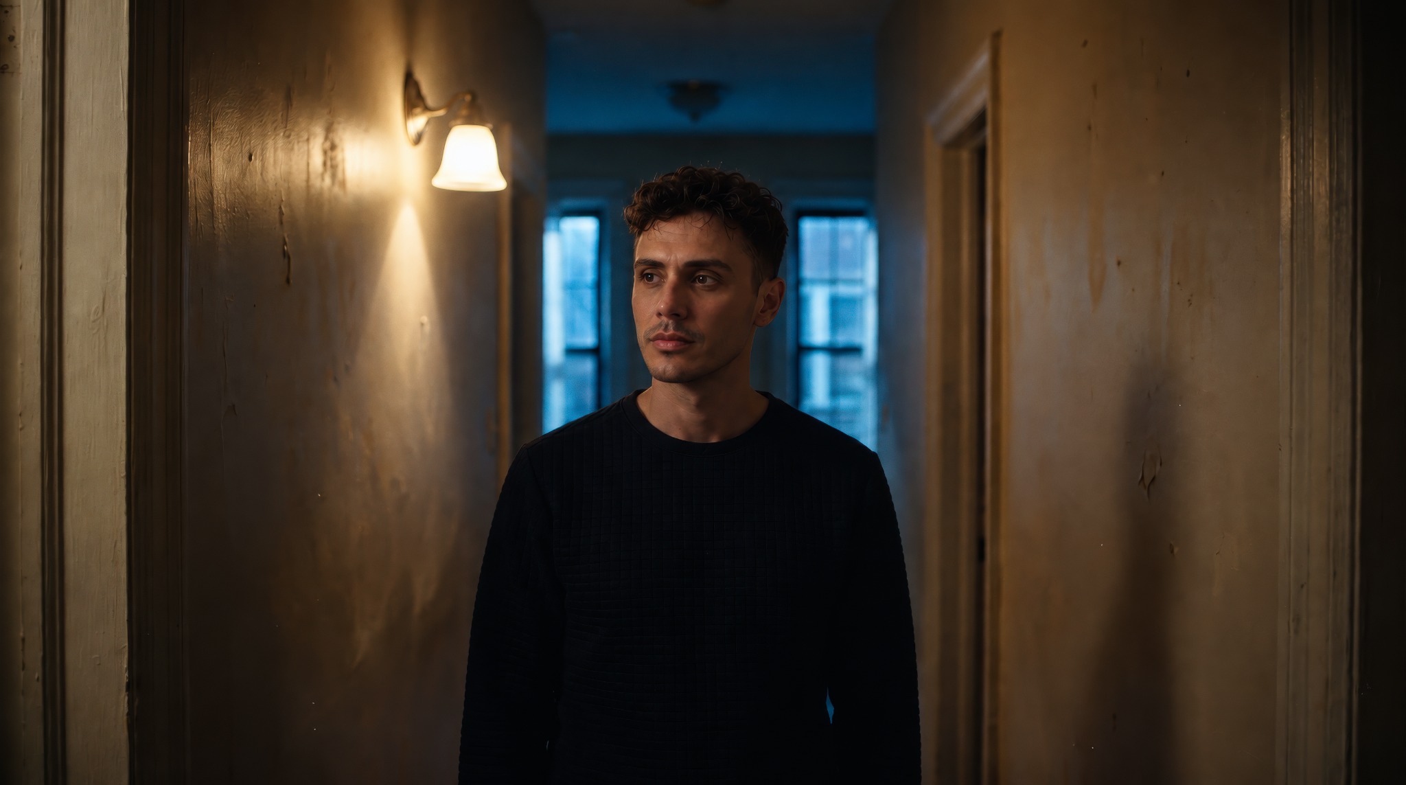 Mikal in the cinematic hallway photograph used in his artist visual journal