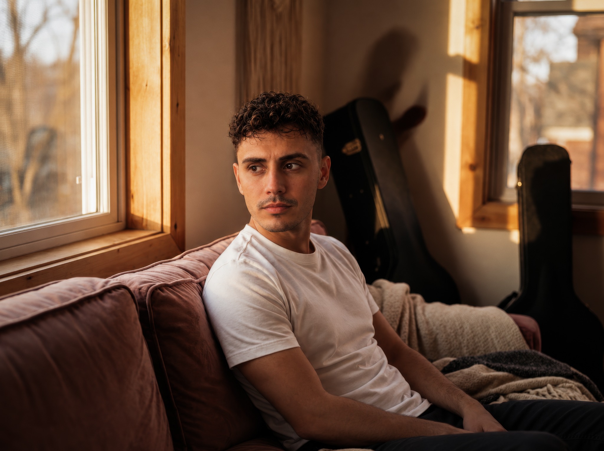 Mikal seated beside a sunlit window with guitar cases in the background