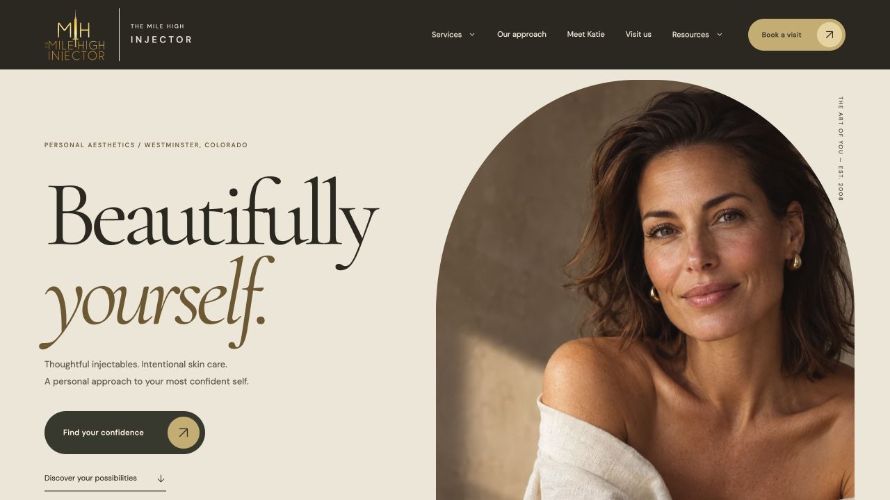 The Mile High Injector homepage, with an editorial portrait and Beautifully yourself headline